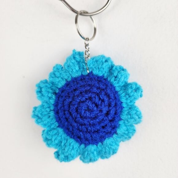 New Crochet Blue Light Blue Flower Keychain Handmade Handcrafted - Picture 4 of 5